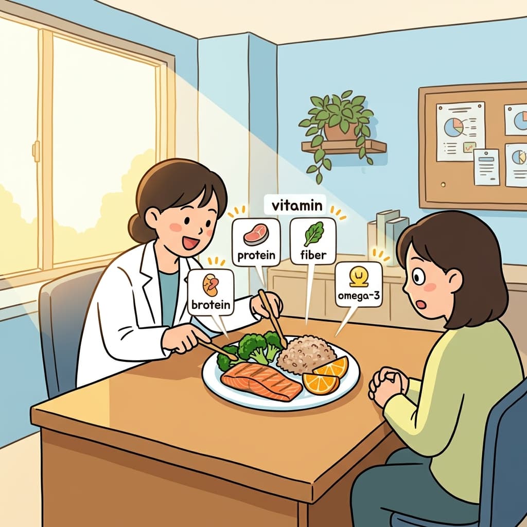 영양사가 접시 위 음식들의 영양 가치를 하나씩 설명해 준다.