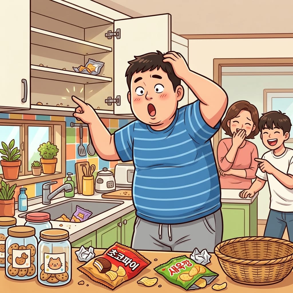 비만인 남자는 부엌 간식을 모두 먹고 "오~ 비었어!"라고 말했다.