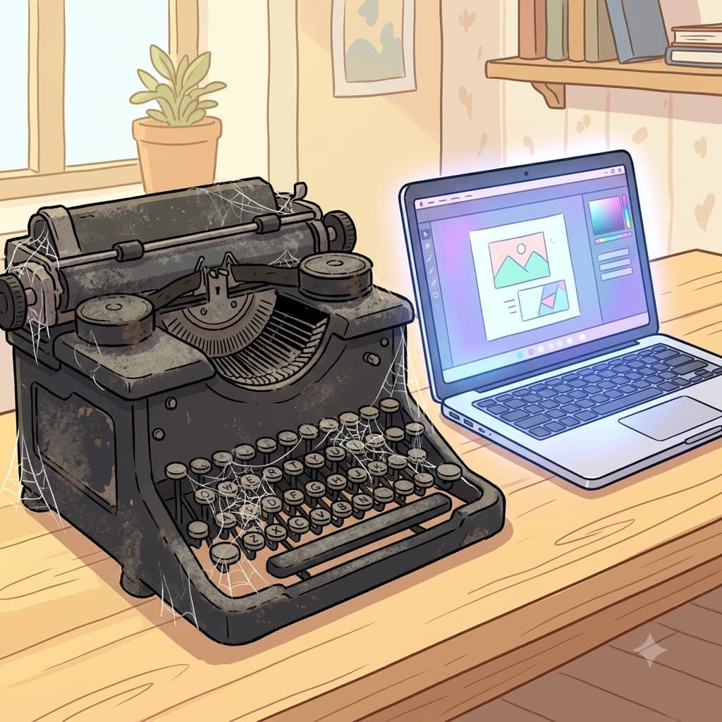 최신 노트북 옆에서 낡은 타자기의 구식화(obsolescence)는 더욱 뚜렷하게 드러났다.
