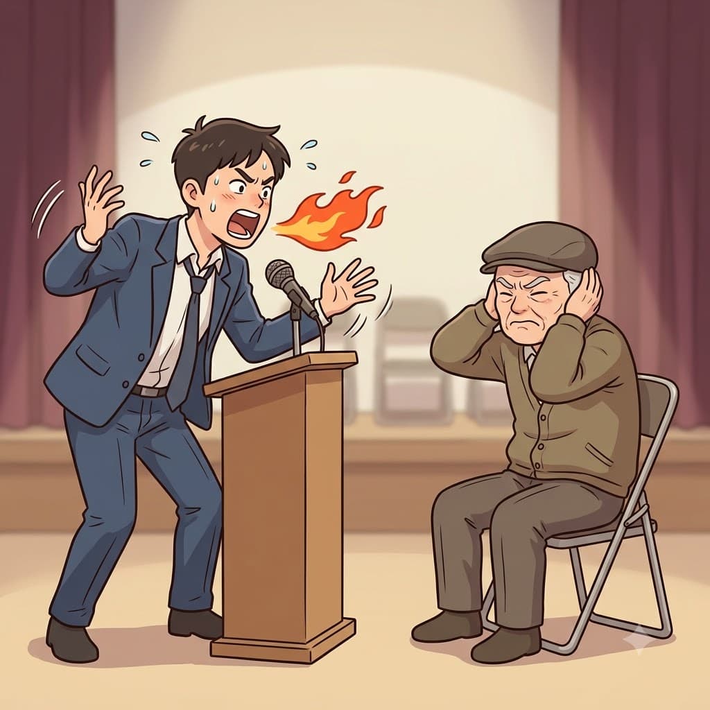 연사는 엄청나게 열정적이었지만(passionate), 귀를 막고 있는 청중은 완전히 고집불통이었다(obstinate).