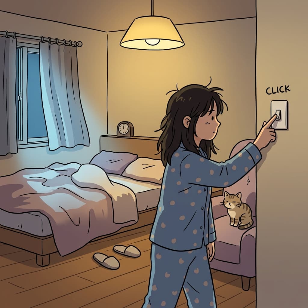 불 끄고 하품하며 침대로 향한다.