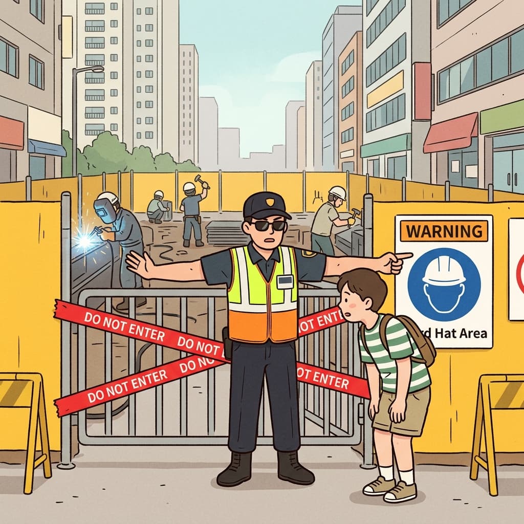 안전모 없는 사람은 공사장에 절대 못 들어간다.