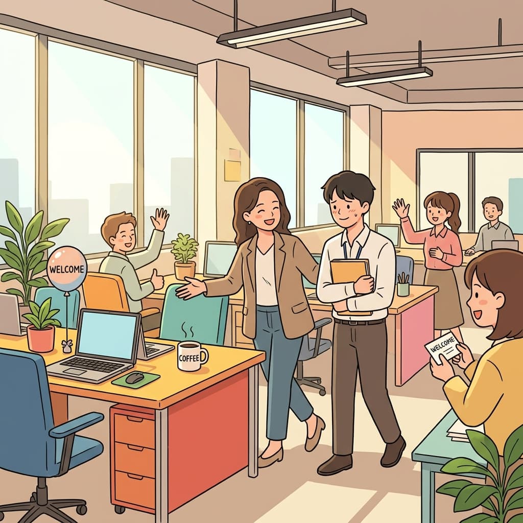 새 직원이 첫 출근한 날, 팀장이 사무실을 돌며 소개해준다.