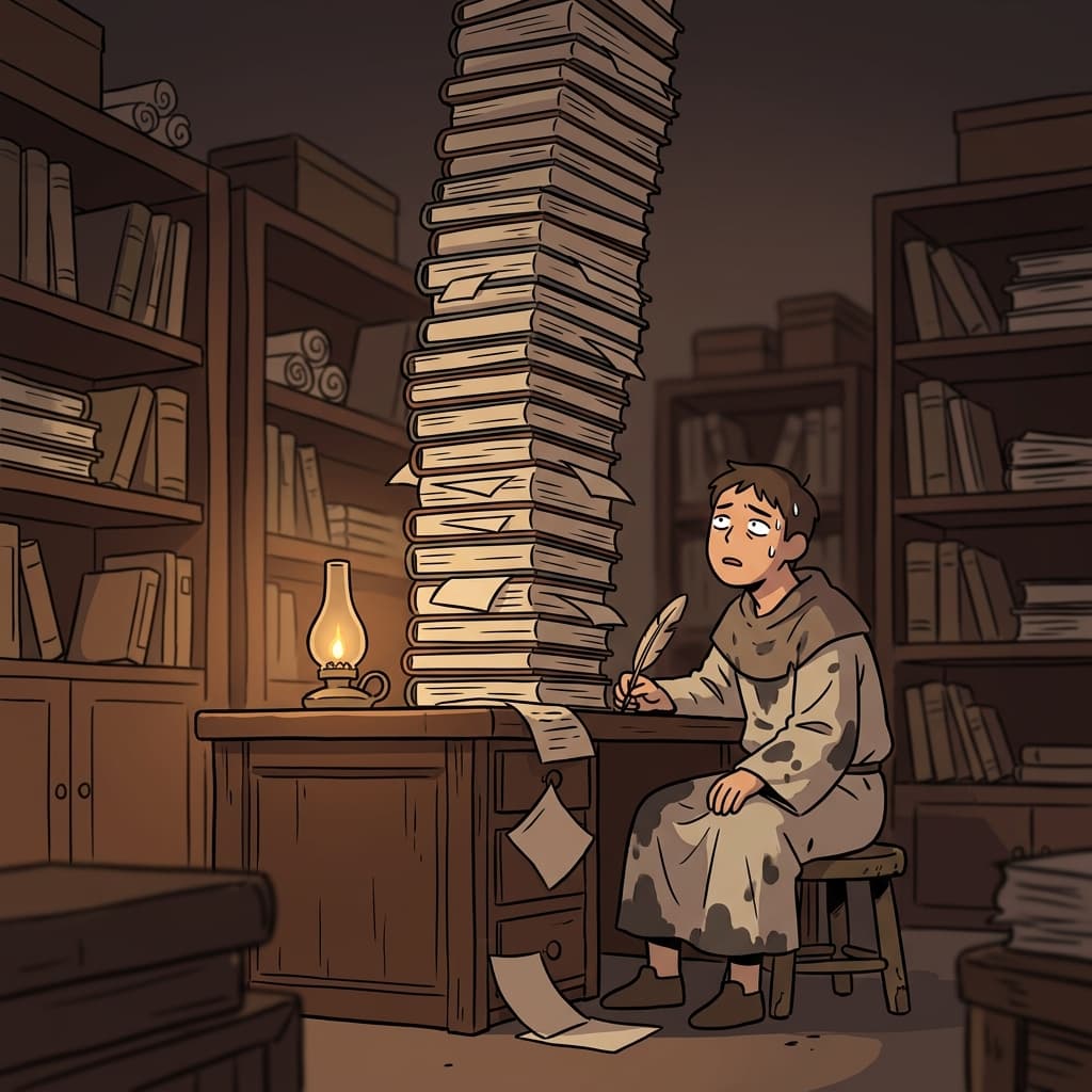 세금 장부가 서기 키보다 높이 쌓여 있다.
