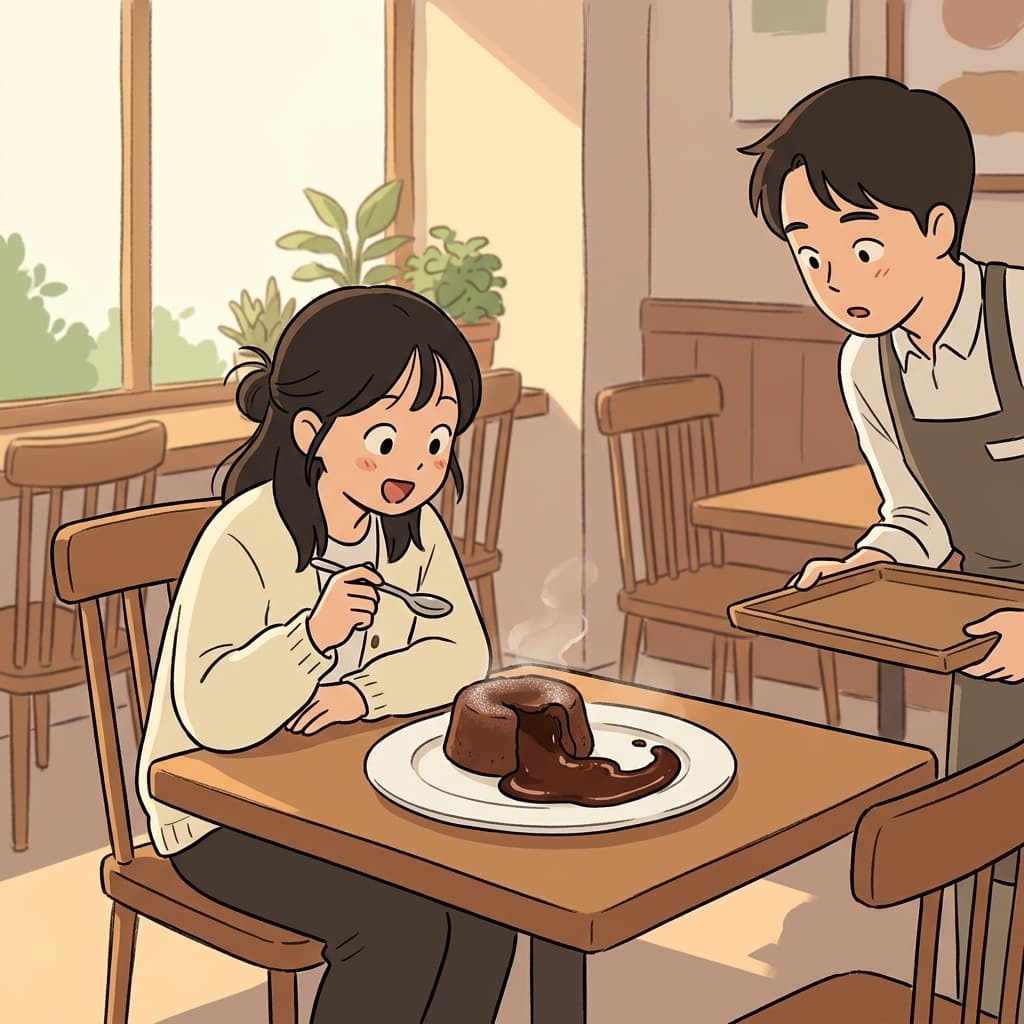 케이크에서 초콜릿이 천천히 흘러나와 접시로 퍼진다.