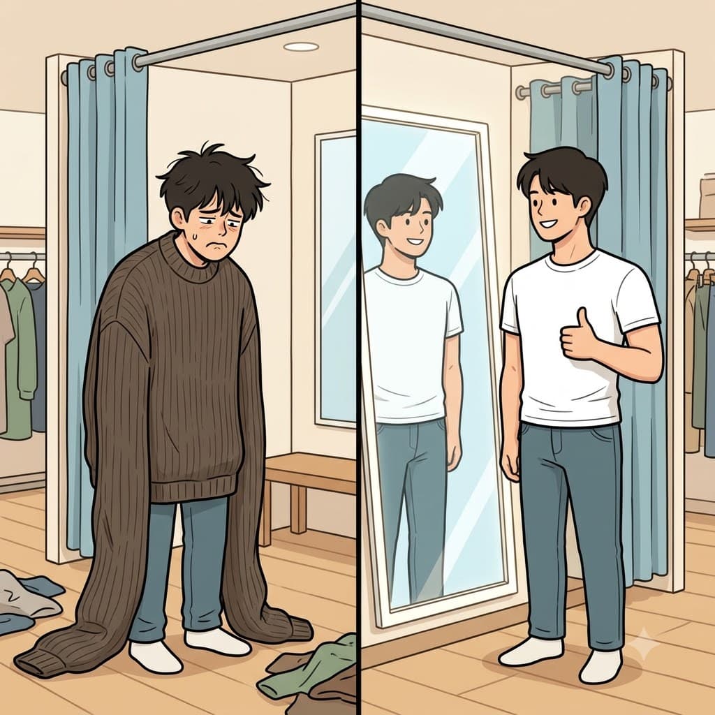 "옷(op) 중에 이 티(ti)가 내 몸(mum)에 딱 맞아!" 완벽한 사이즈를 찾으며, 그는 최적의(optimum) 핏을 즐겼다.