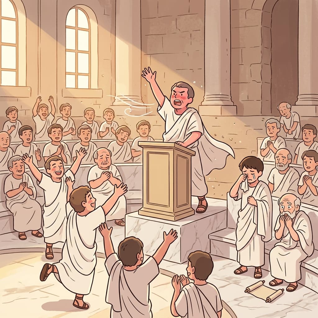 그의 웅변에 의원들이 모두 자리에서 일어났다.