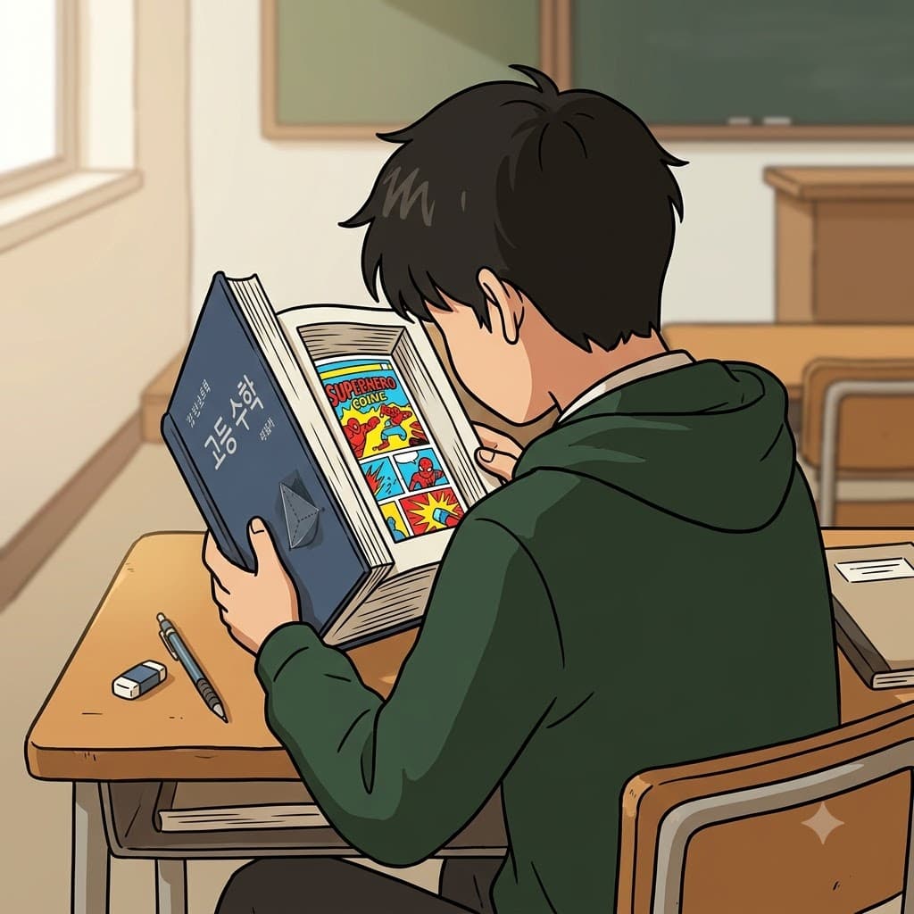 그가 책상에 앉아 있는 표면적인(ostensible) 이유는 공부였지만, 두꺼운 교과서 안에는 만화책이 숨겨져 있었다.