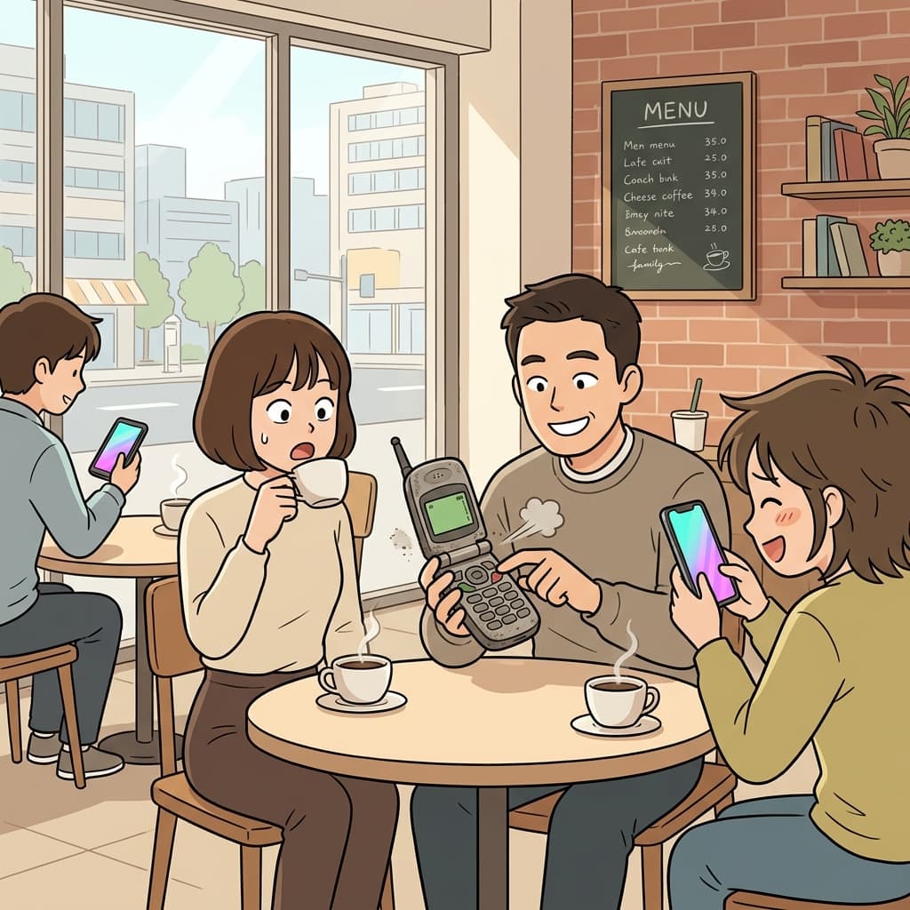 다들 최신 스마트폰인데 그 사람만 옛날 폴더폰이라 눈에 확 띈다.