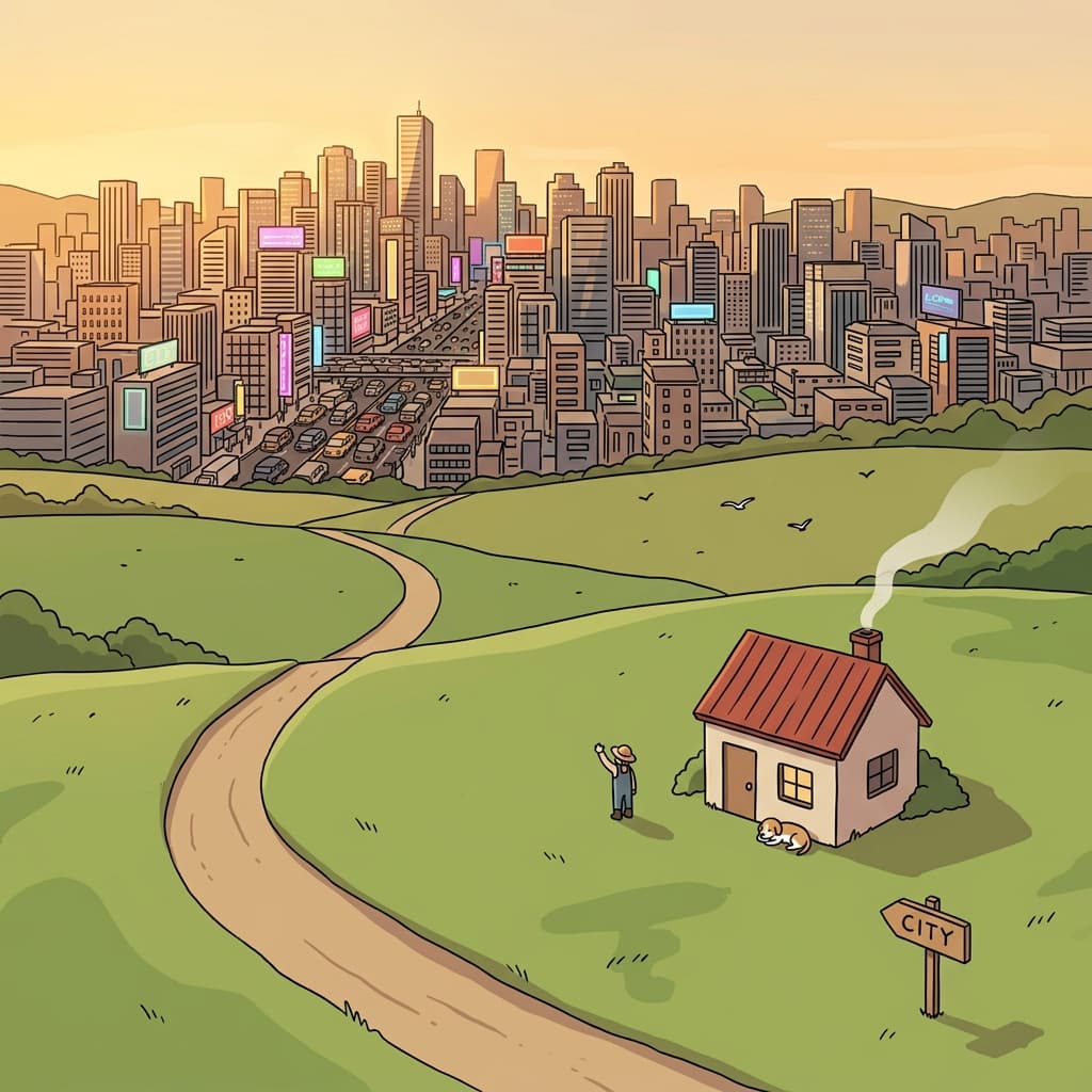 작은 오두막이 번잡한 도시의 변두리에 조용히 자리 잡고 있다.