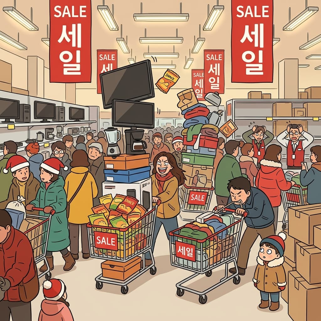 블랙프라이데이 매장에서 다들 카트를 산더미처럼 쌓아 올린다.