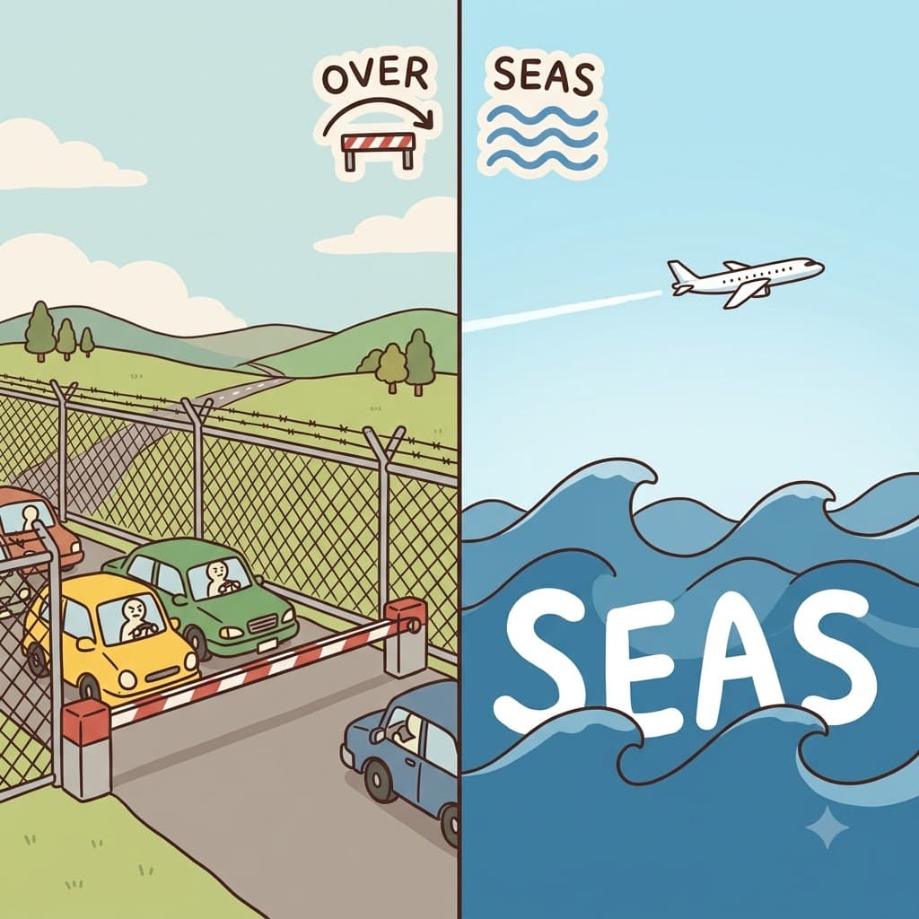 OVER (너머로/가로질러) + SEAS (바다들) — 넓고 푸른 바다(SEAS) 위로 곧바로 가로질러(OVER) 날아감으로써, 비행기는 화물을 해외로(overseas) 배달했다.