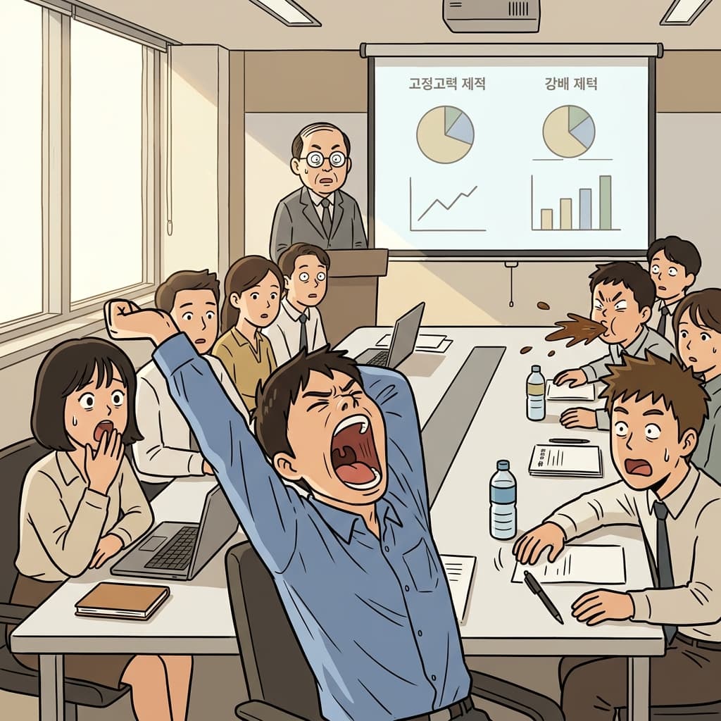 부장님 연설 중에 대놓고 하품하다니, 다들 얼어붙었다.
