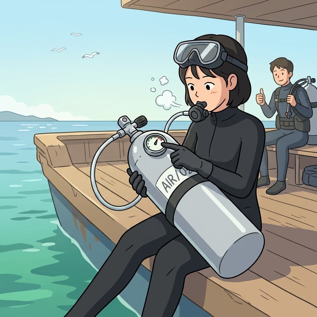 다이버가 잠수 전에 산소통을 꼼꼼히 점검한다.