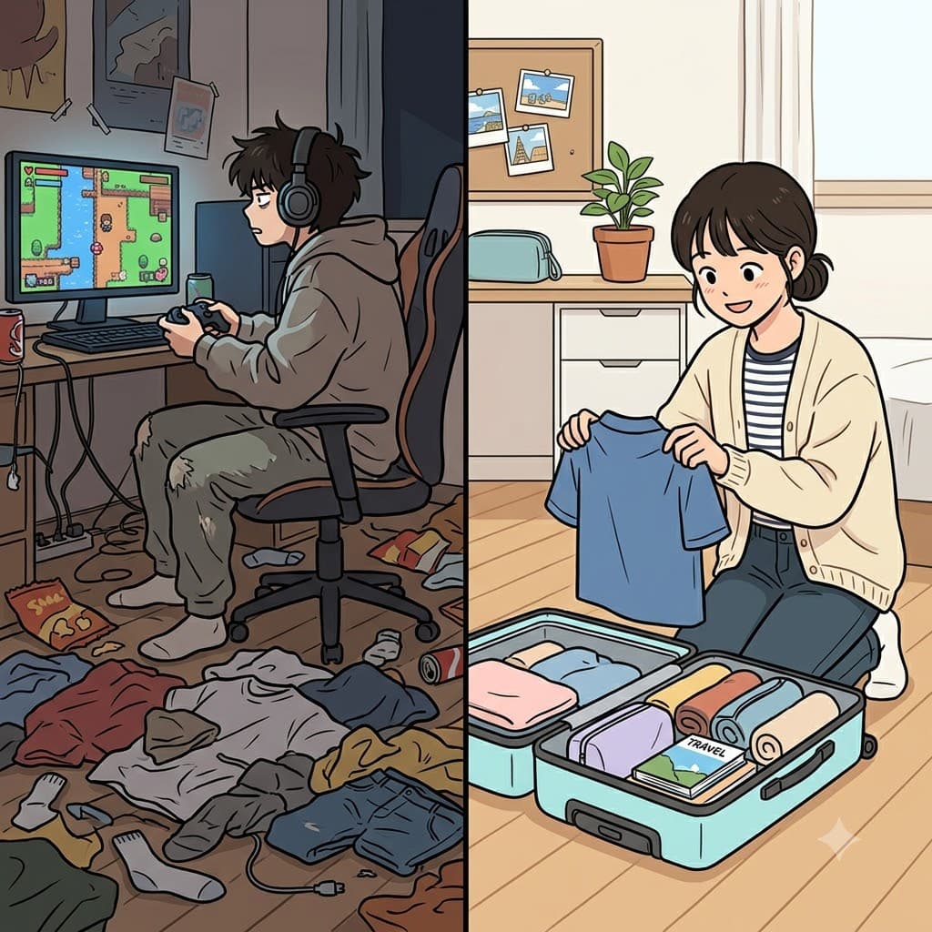 게으른 소년이 바닥에 옷을 던져둔 반면, 정리 정돈을 잘하는 소녀는 여행을 위해 여행 가방에 짐을 싸려고(pack) 셔츠를 조심스럽게 접었다.