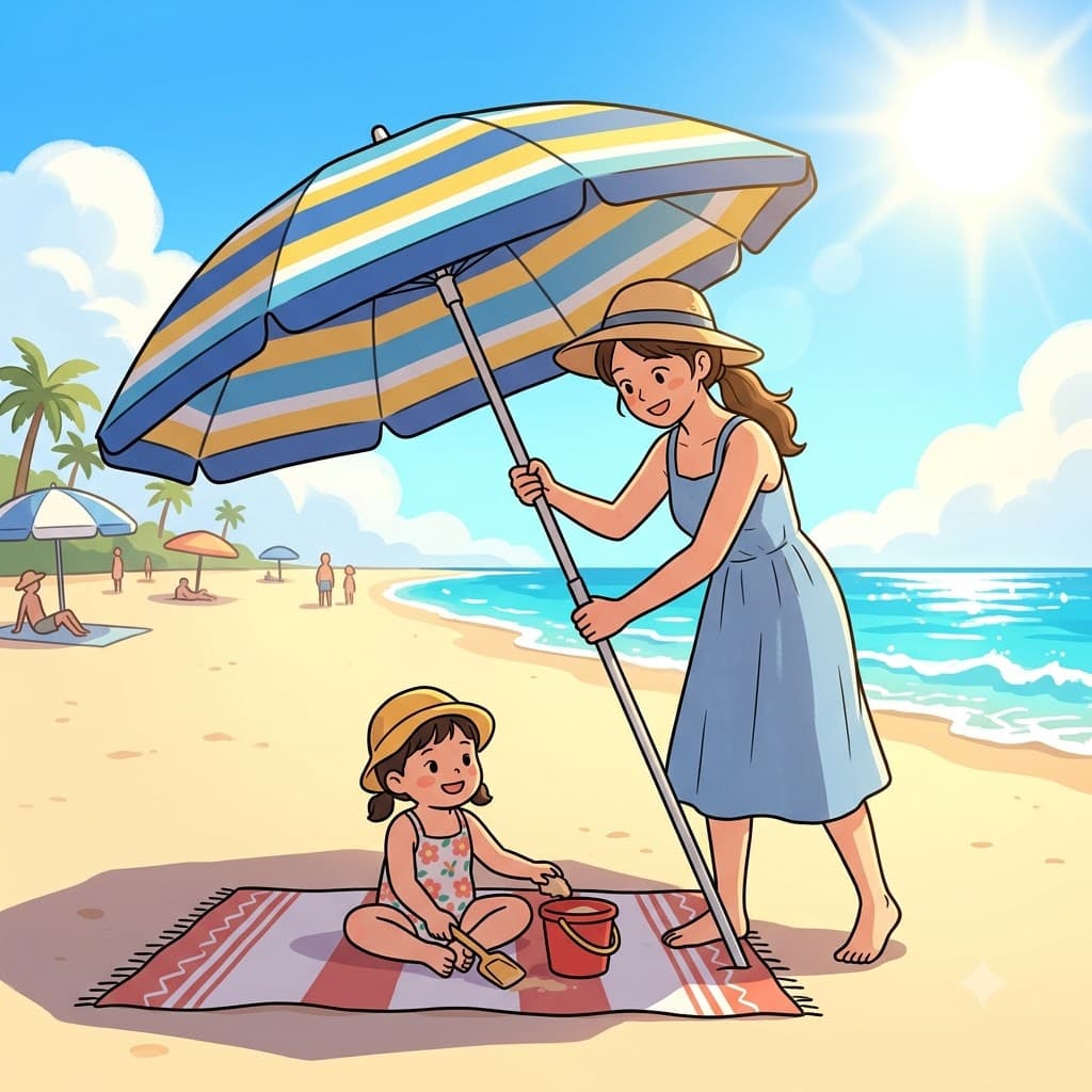 해변에서 그녀는 강한 햇빛을 막아 주려고 아이 위로 양산(parasol)을 들어 주었다.