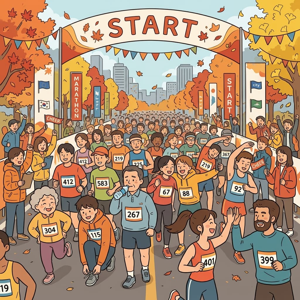 마라톤 참가자들이 번호표를 달고 출발선에서 몸을 풀고 있다.