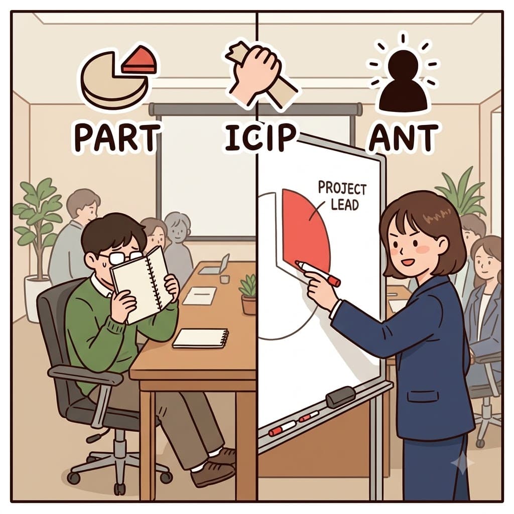 PART(부분/역할) + ICIP(취하다) + ANT(사람) — 회의에서 적극적인 역할(PART)을 취하기로(ICIP) 결정하며, 자신감 있는 사람(ANT)은 주요 참가자(participant)가 되었다.