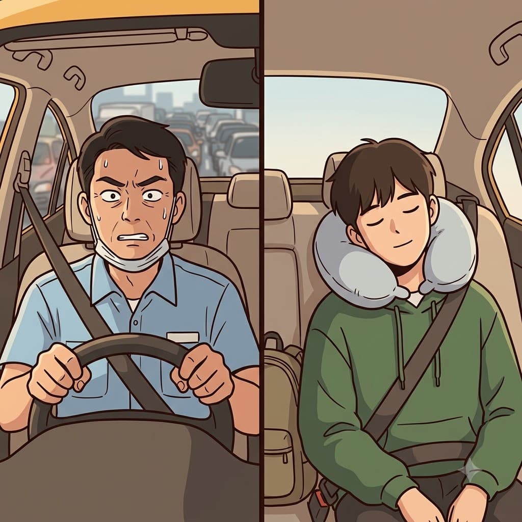 스트레스받은 운전자가 운전대를 꽉 쥔 반면, 편안한 승객(passenger)은 뒷좌석에서 편안하게 잠을 잤다.