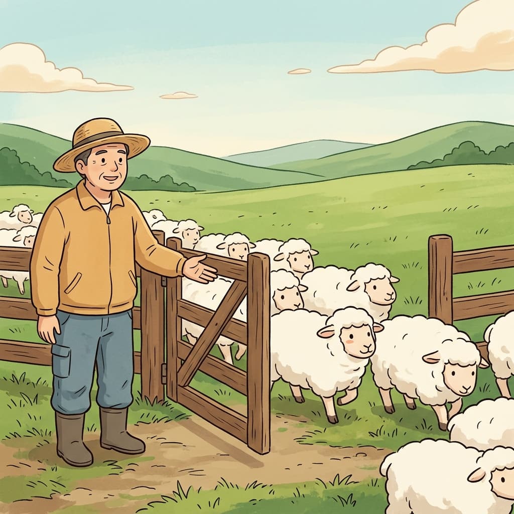 목장 주인은 "Pass through!"라고 외쳤고, 양들은 열린 문을 지나 아름다운 목초지(pasture)로 들어갔다.