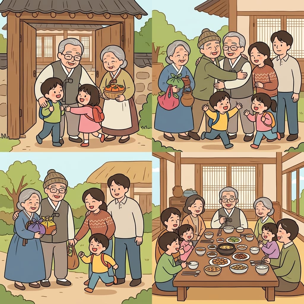 친할아버지는 외조부모를 반갑게 맞이하며 즐거운 가족 모임을 열었다.