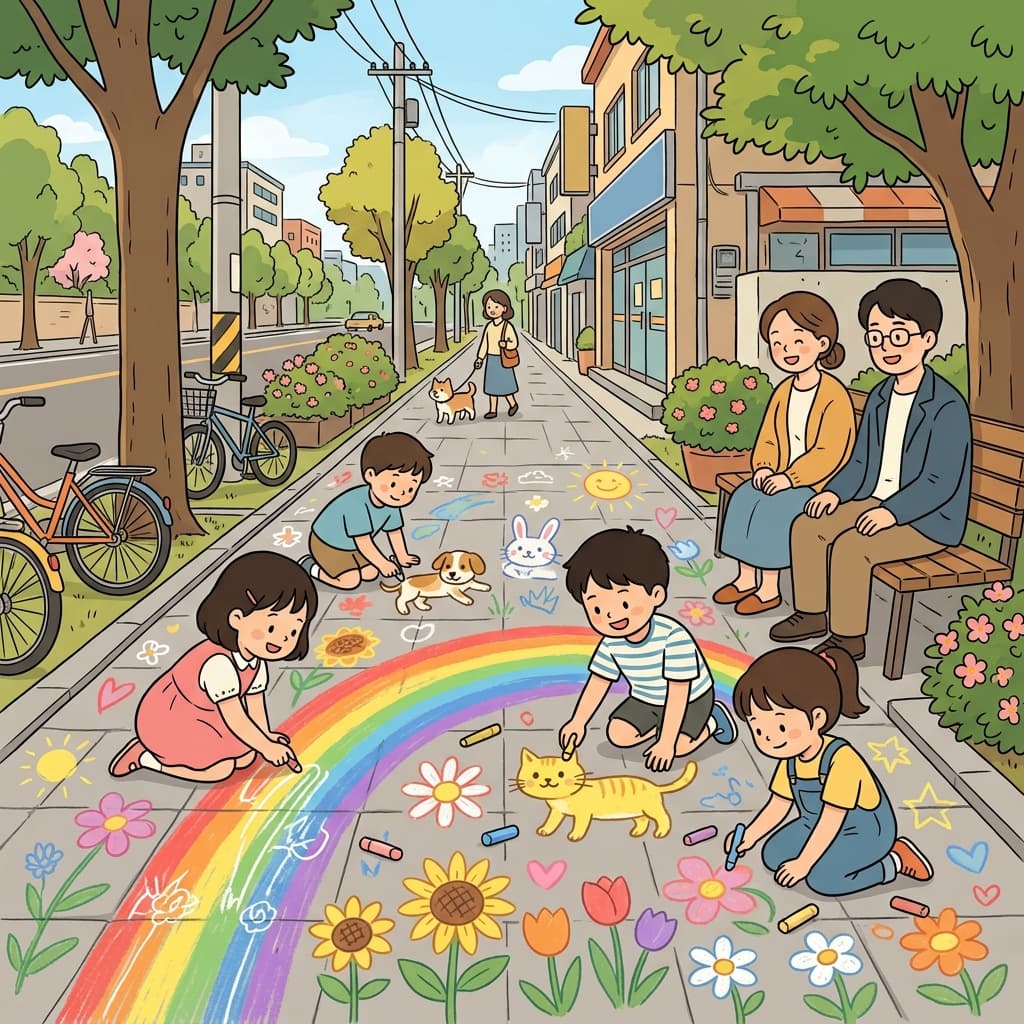 아이들은 보도 위에 분필로 알록달록한 그림을 그렸다.