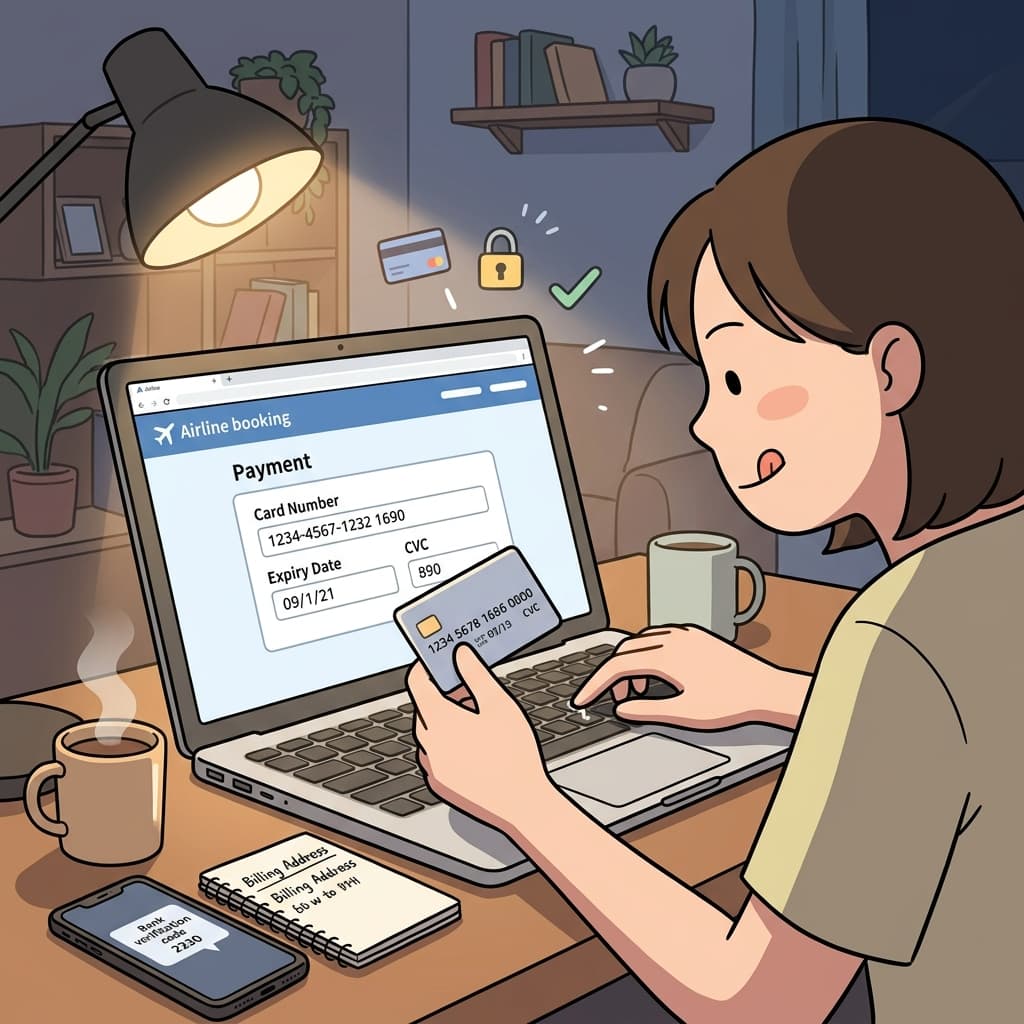 비행기 예약하려고 결제 정보를 조심스레 입력하고 있다.