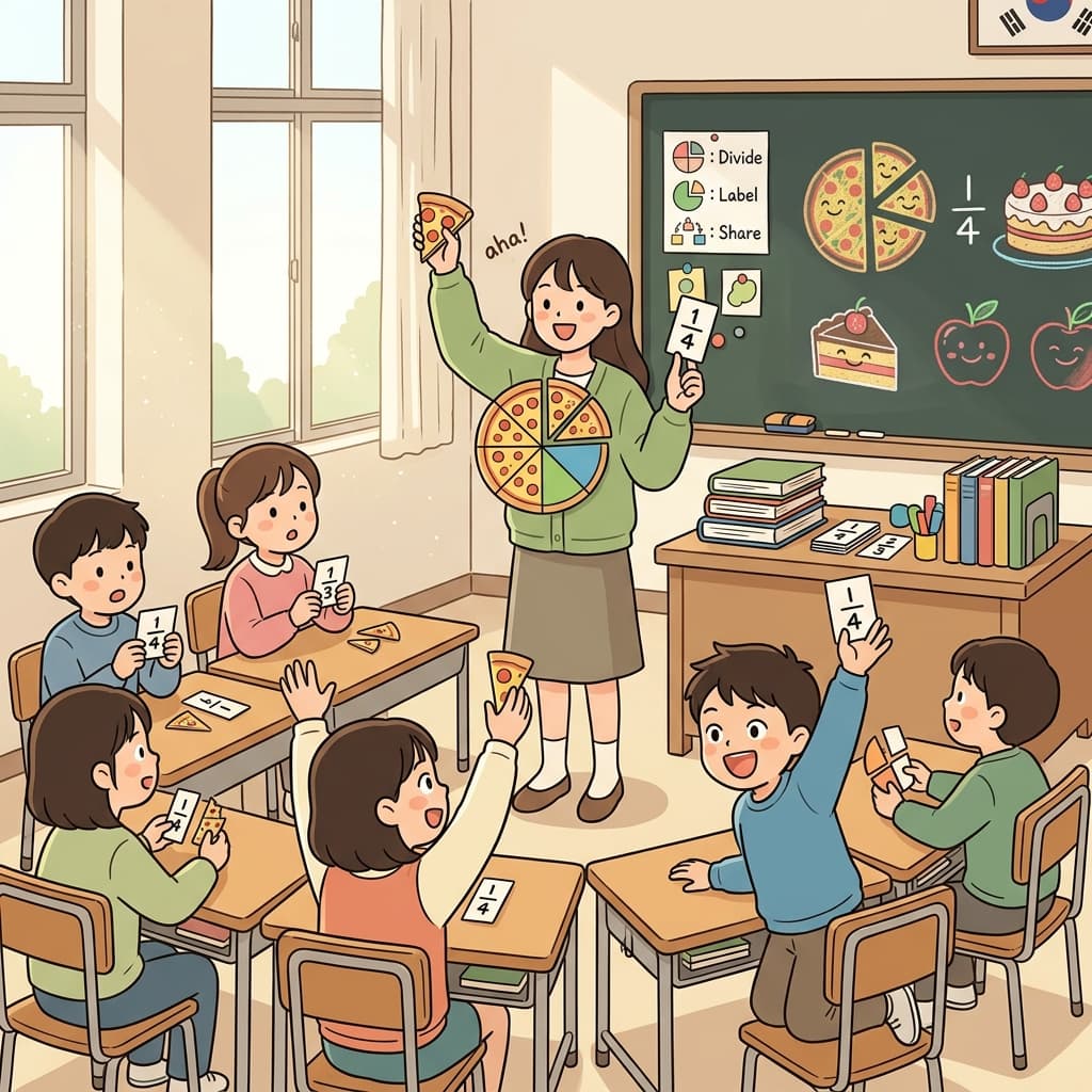 선생님이 게임으로 분수를 가르치니 아이들 눈이 반짝인다.