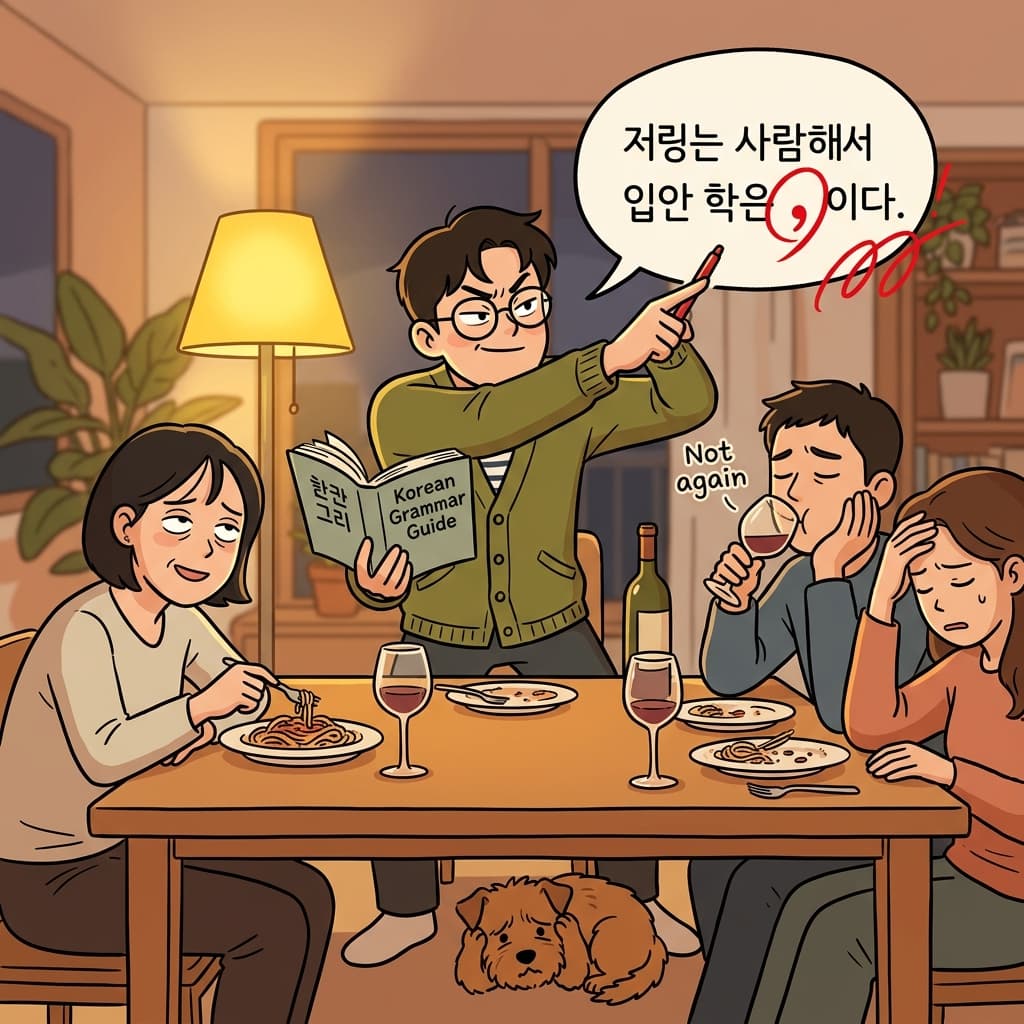 그 사람은 저녁 자리에서 사소한 문법까지 다 지적했다.