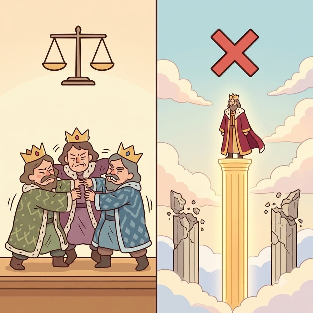 PEER(동등한 사람) + LESS(없는) — 옆에 동등한 사람(PEER)이 없이(LESS) 가장 높은 단상에 서서, 왕은 비할 데 없는(peerless) 상태로 남았다.