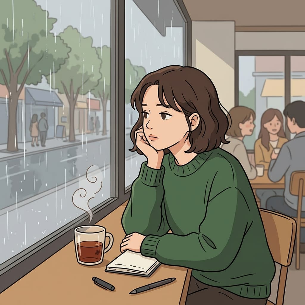 그녀는 창가에 앉아 빗줄기를 바라보며 깊은 생각에 잠겼다.