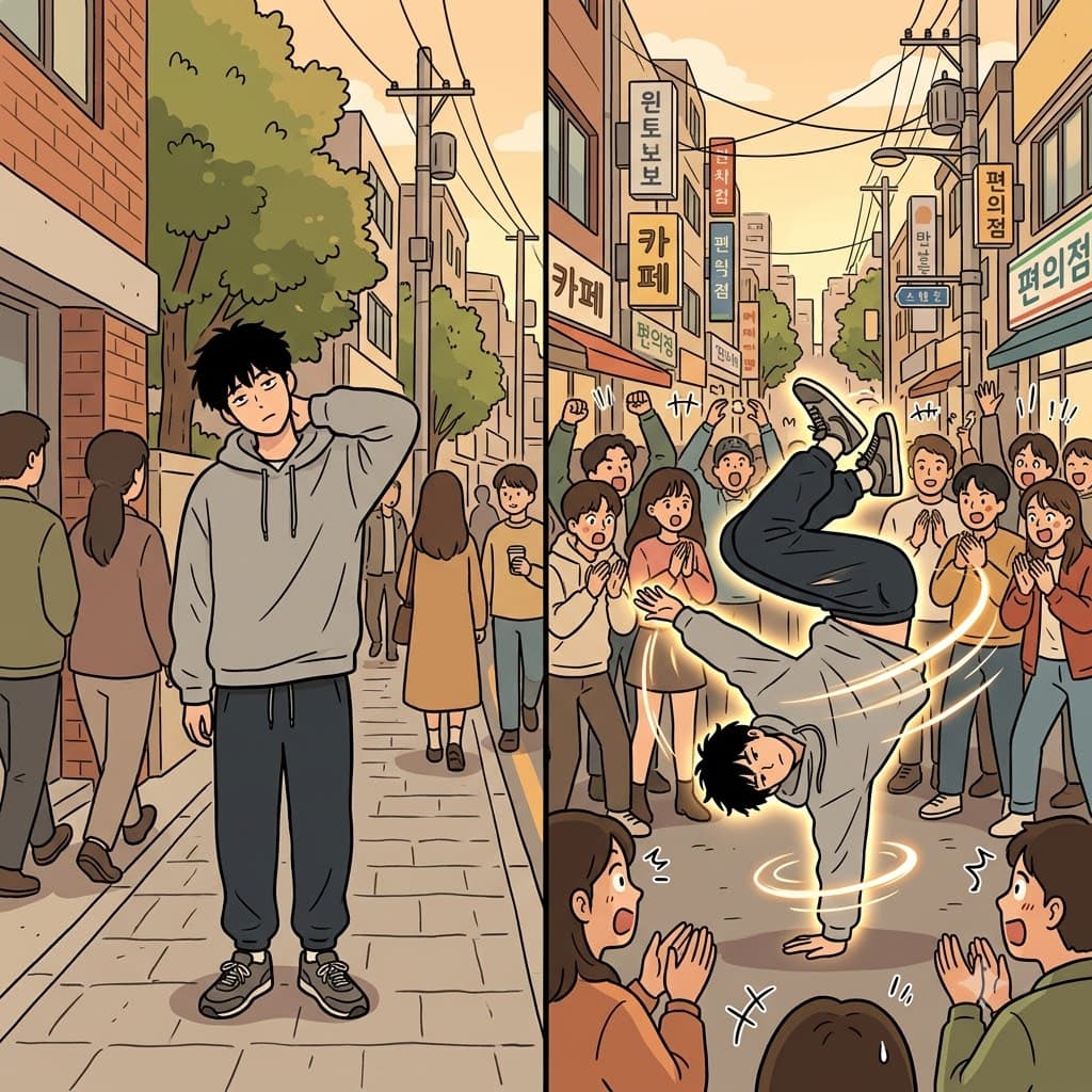 "퍼(per)펙트한 폼(for)을 만(man)드는 스(ce)텝!" 댄서는 거리에서 놀라운 공연(performance)을 선보였다.