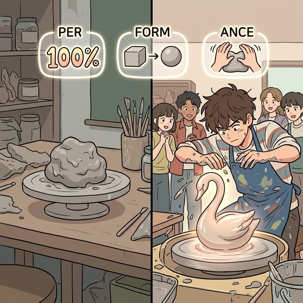 PER(완전히) + FORM(형태를 만들다) + ANCE(행동) — 점토의 형태를(FORM) 완전히(PER) 다듬는 역동적인 행동(ANCE)을 통해, 예술가는 아름다운 퍼포먼스(performance)를 만들어냈다.