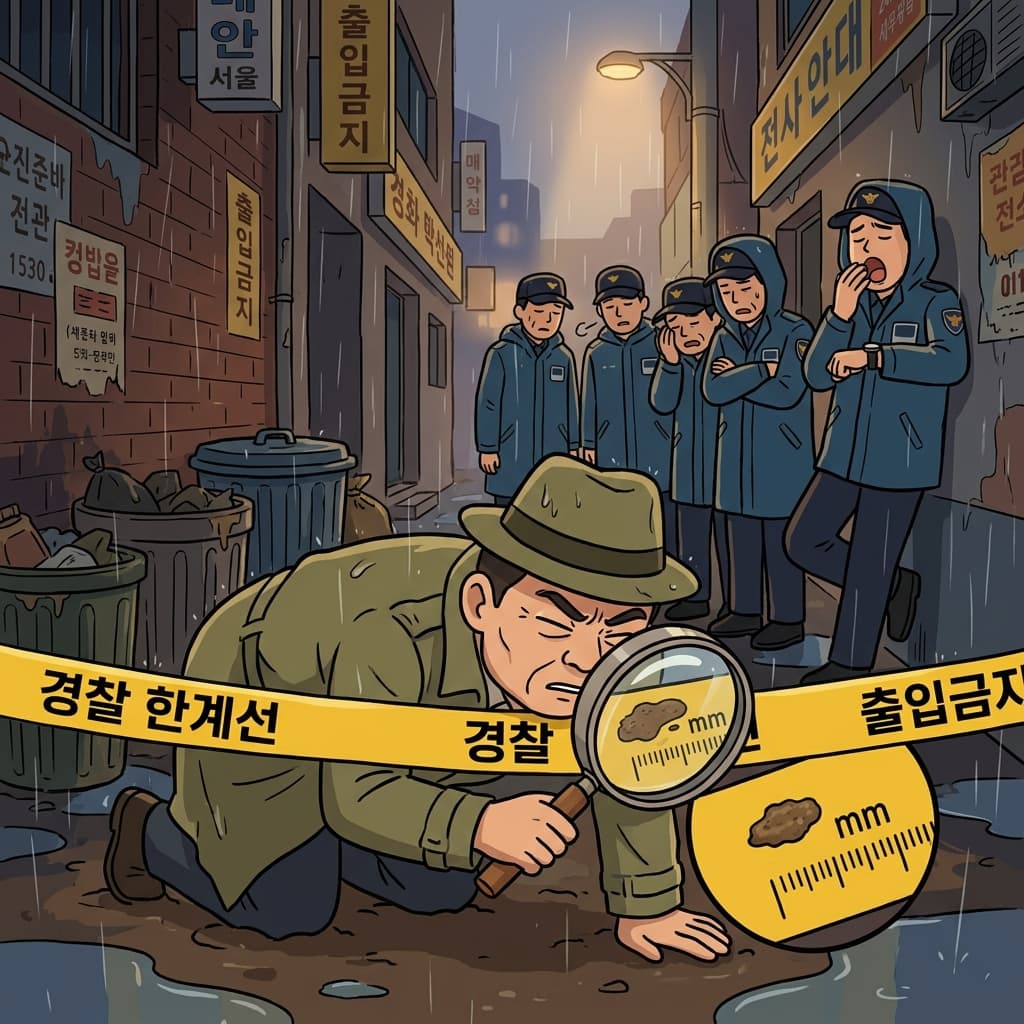 강박적인 탐정은 범죄 현장 경계선의 모든 밀리미터와 센티미터를 검사했다.