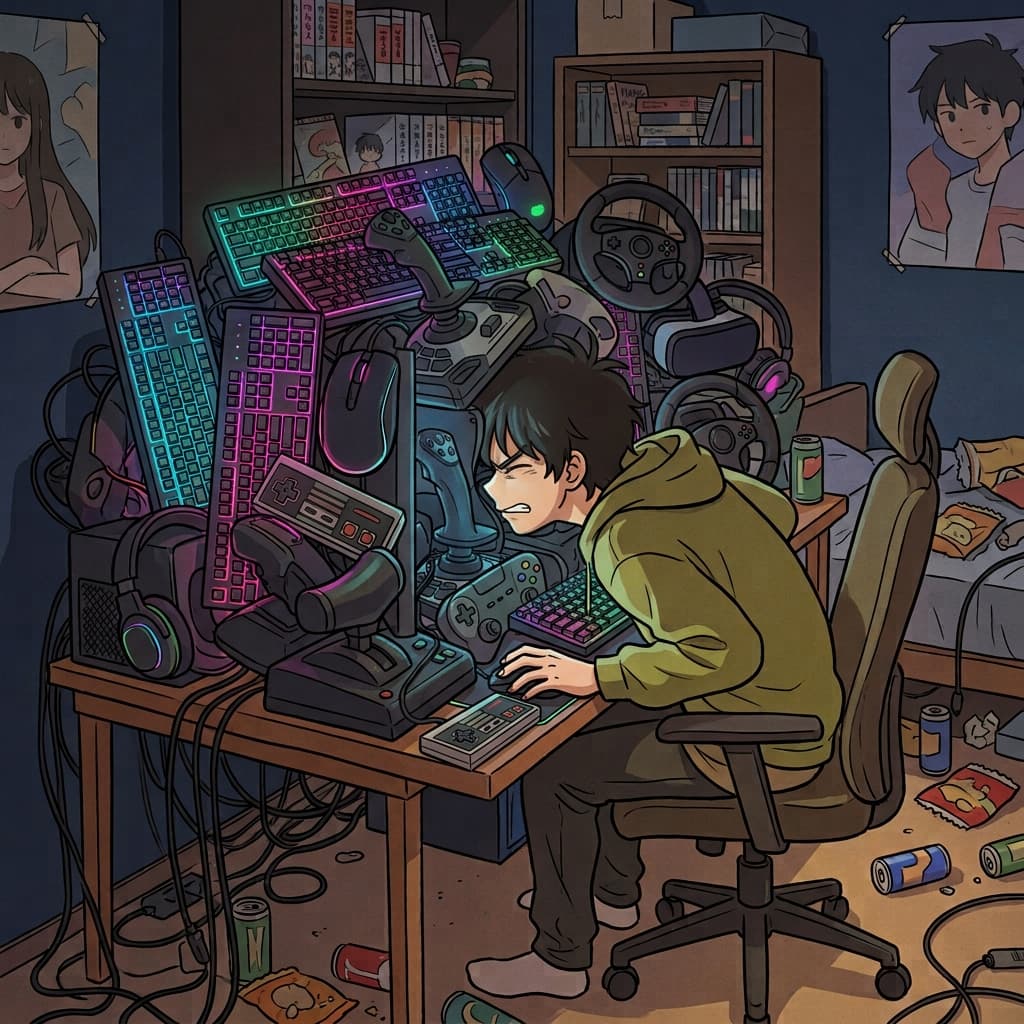 집착적인 게이머는 빛나는 주변 기기들을 너무 많이 사서 메인 모니터가 완전히 가려져 버렸다.