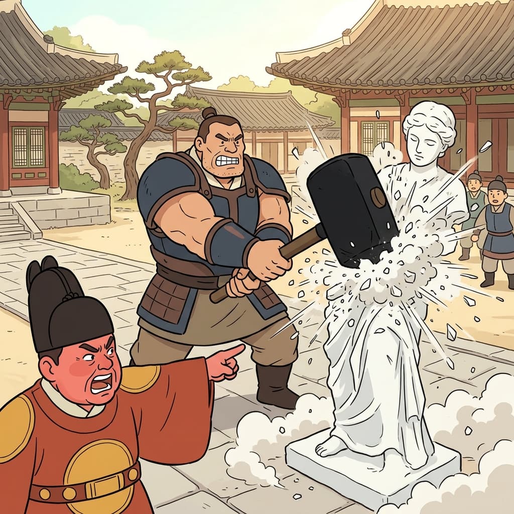 화가 난 왕은 "저 동상을 완전히 패 버리슈!"라고 소리쳤고, 거인 호위무사는 망치를 거칠게 휘둘러 그것을 완전히 소멸시켰다(산산조각 냈다). (페리쉬 → "패(pe) 버리슈(rish)")