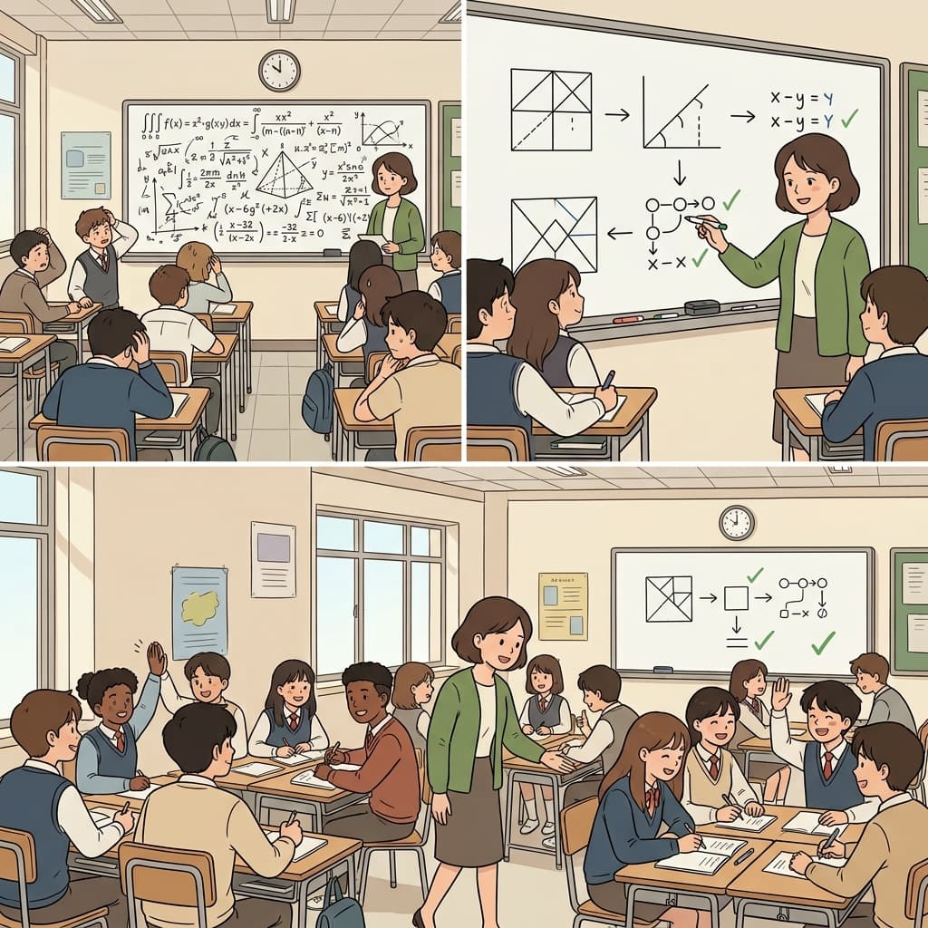 복잡한 문제는 학생들을 혼란스럽게 만들었지만, 선생님이 다음 단계를 설명하자 이해할 수 있었다.