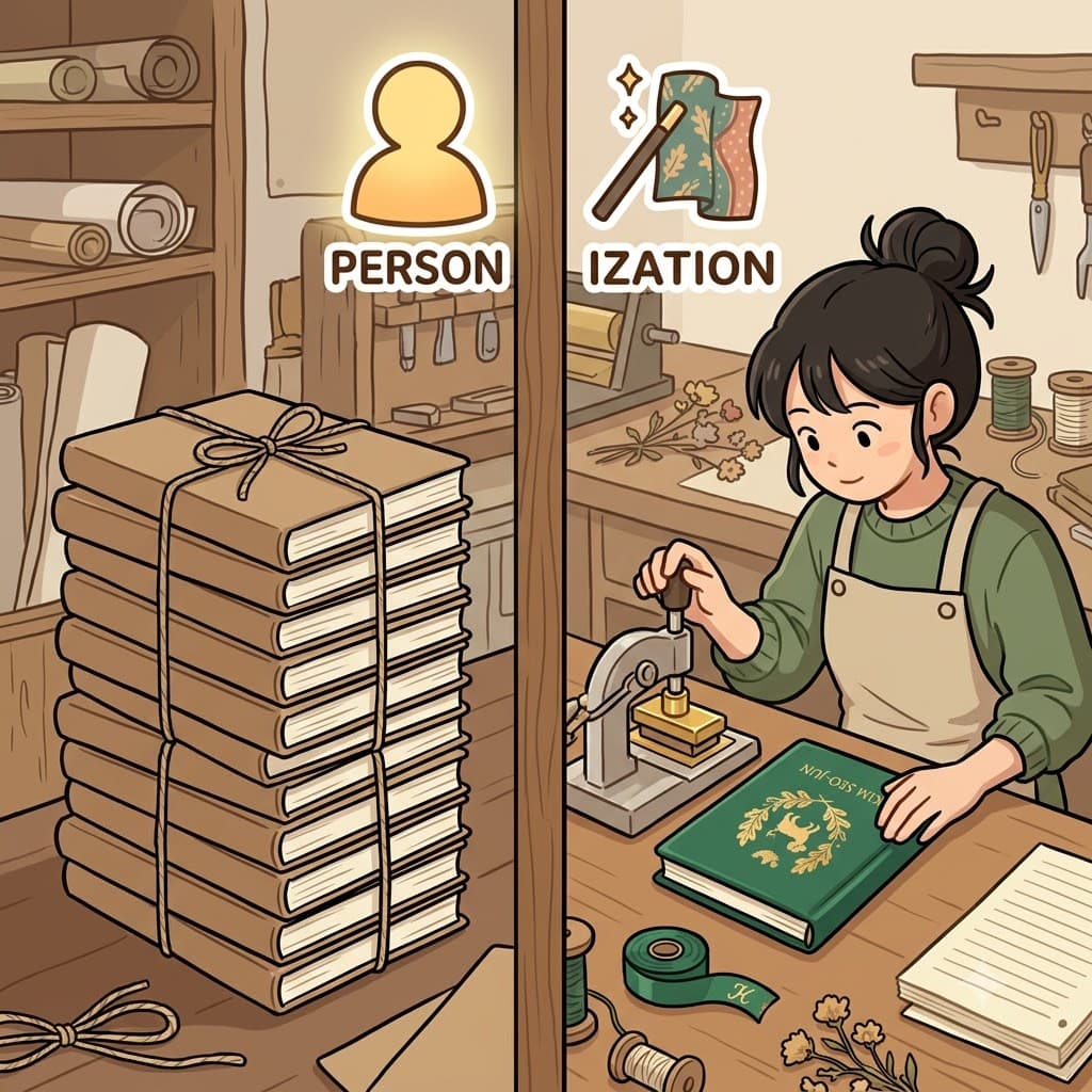 PERSON (한 개인) + IZATION (~화하는 과정) — 평범한 공책을 단 한 사람(PERSON)만을 위한 물건으로 탈바꿈(IZATION)시킴으로써, 문구 제작자는 개인화(personalization)를 완성했다.