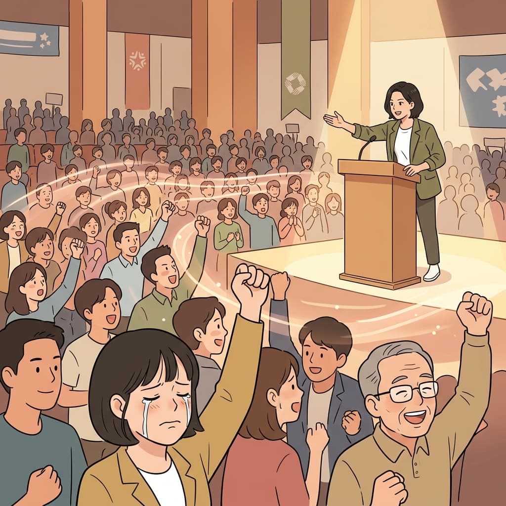 그 연설가의 설득력 있는 말은 강력한 감정의 물결처럼 청중의 마음속으로 밀려들었다.