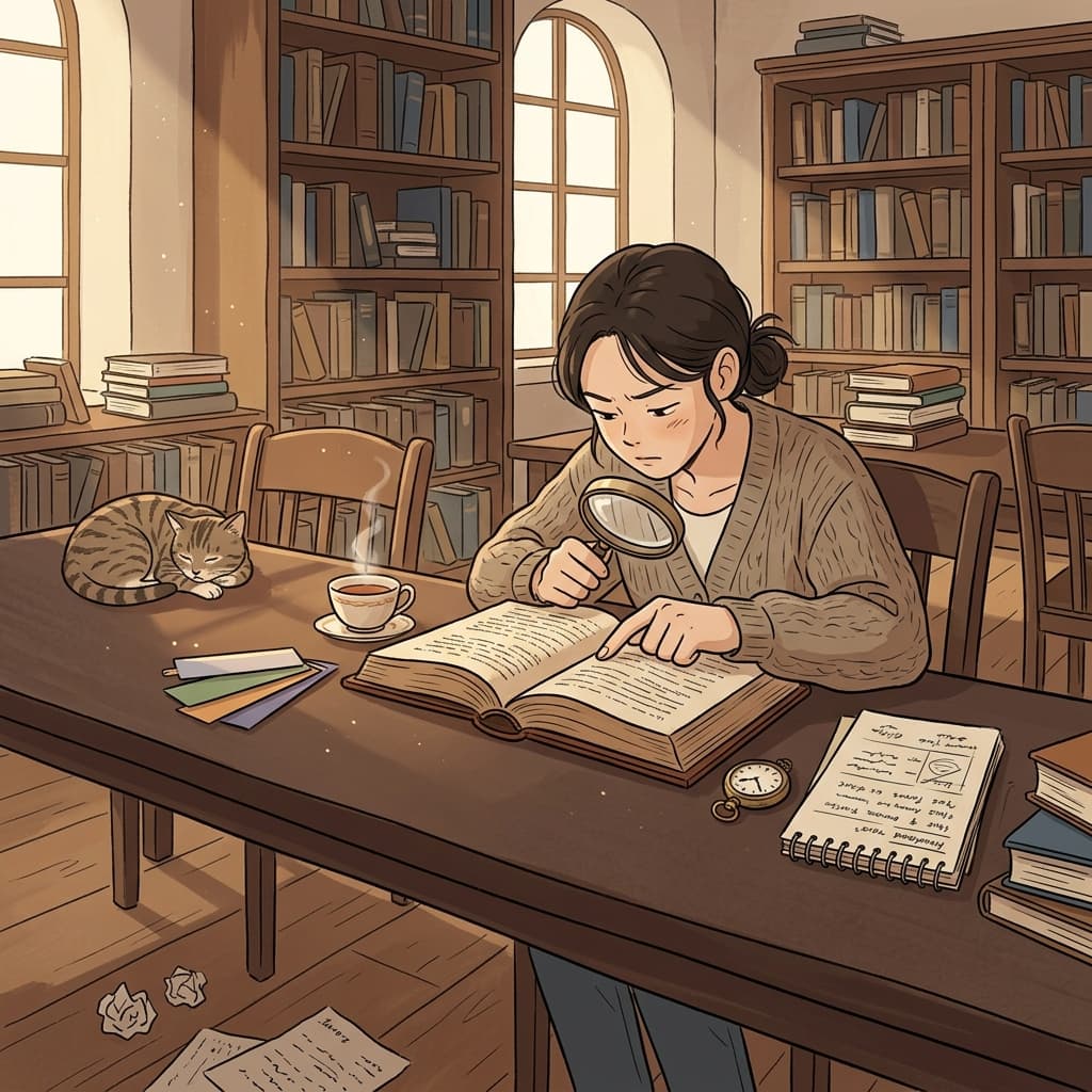 그녀는 오래된 원고를 한 장 한 장 꼼꼼히 읽어 내려간다.