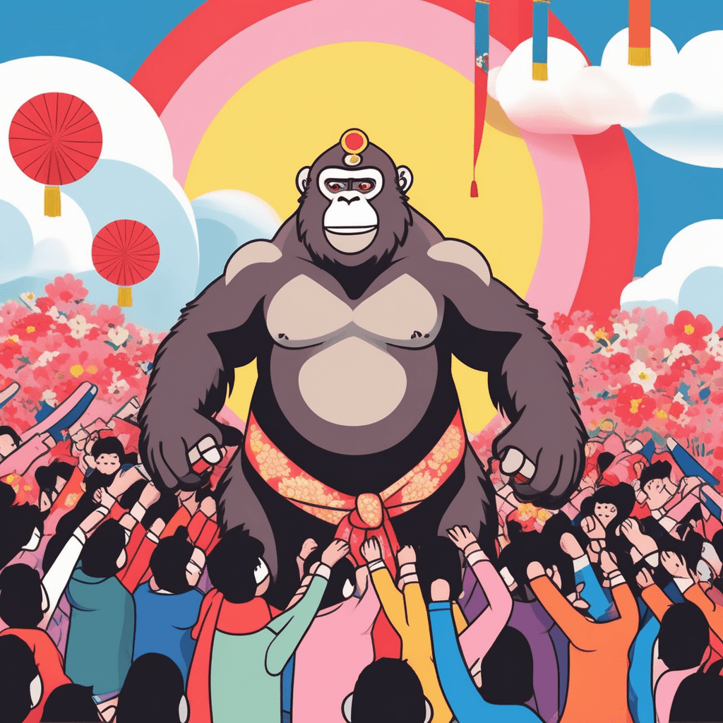 팬들이 태극기를 든 컬러풀한 고릴라를 보고 환호한다! 정말 환상적이고 비현실적인 장면이다!