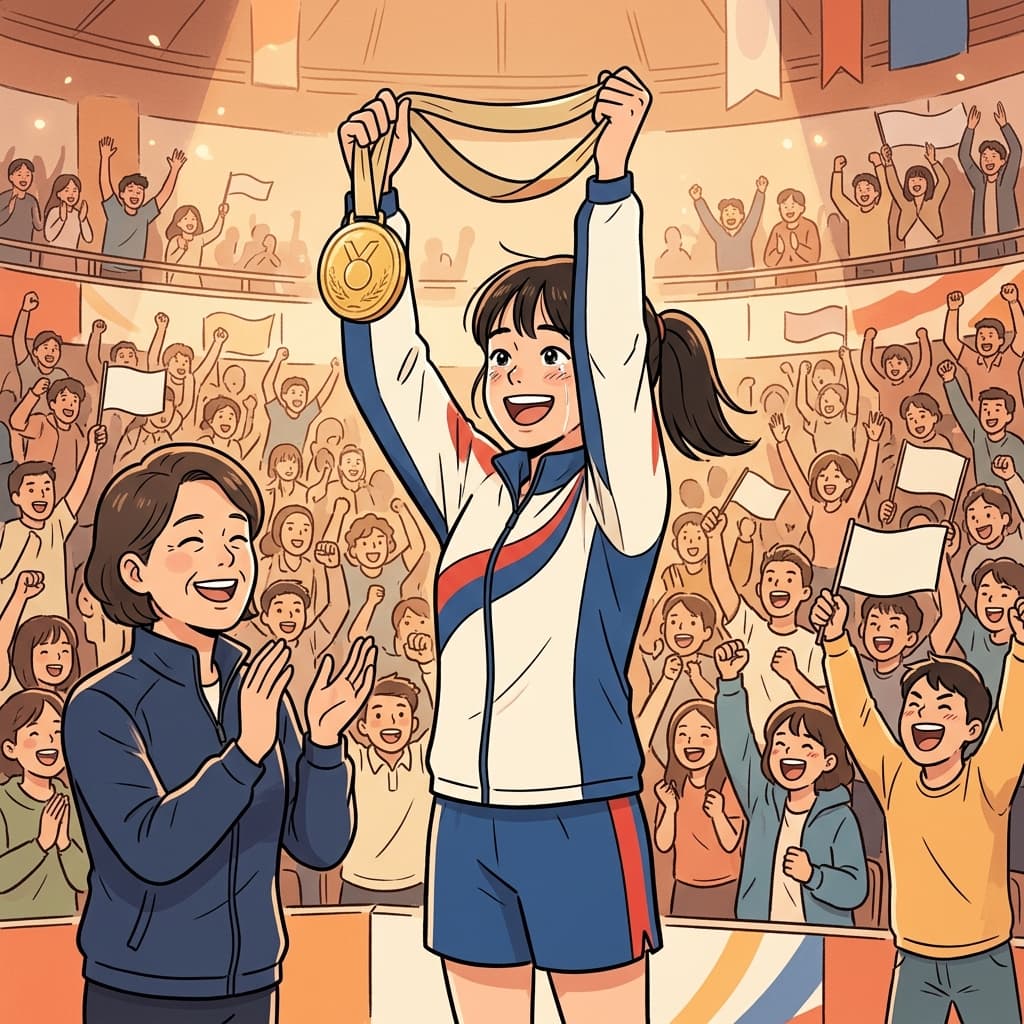 코치는 "Fan? A medal!"이라고 말했고, 경이로운(phenomenal) 챔피언은 환호하는 관중 앞에서 금메달을 높이 들어 올렸다.