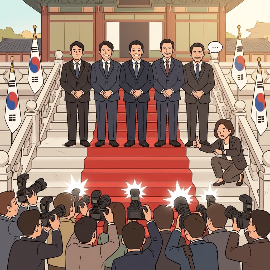 조약 서명 후 정치인들이 계단에 나란히 서서 사진 촬영에 응했다.