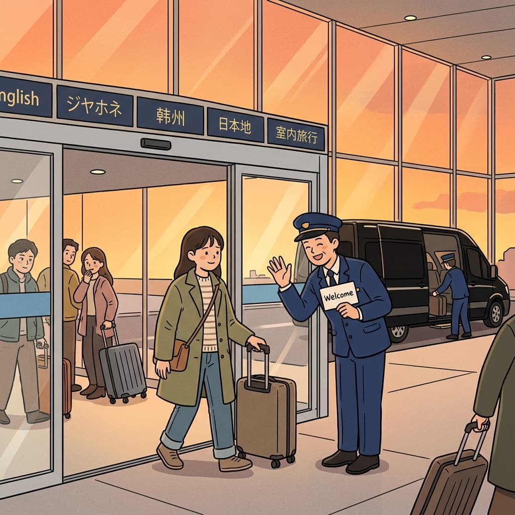 호텔 픽업 서비스가 공항 게이트 앞에서 바로 그녀를 맞이했다.