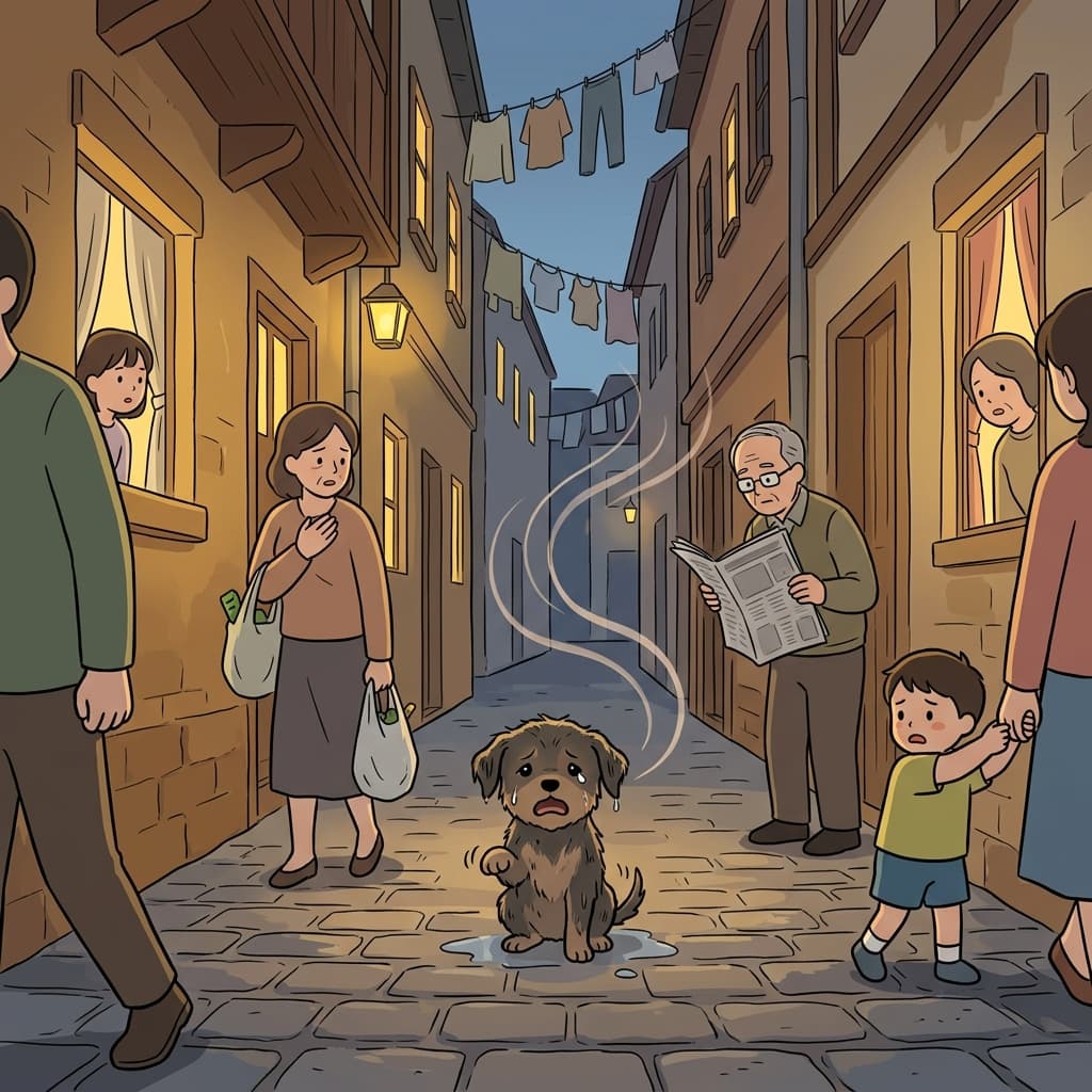 골목에 울려 퍼진 강아지의 애처로운 울음소리에 사람들이 멈춰 섰다.