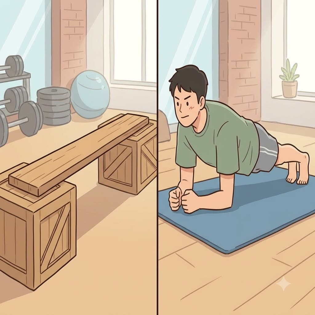 "등을 나무판자처럼 꼿꼿하게 유지해!" 그는 진짜 널빤지처럼 평평하게 플랭크(plank) 자세를 완벽히 유지했다.