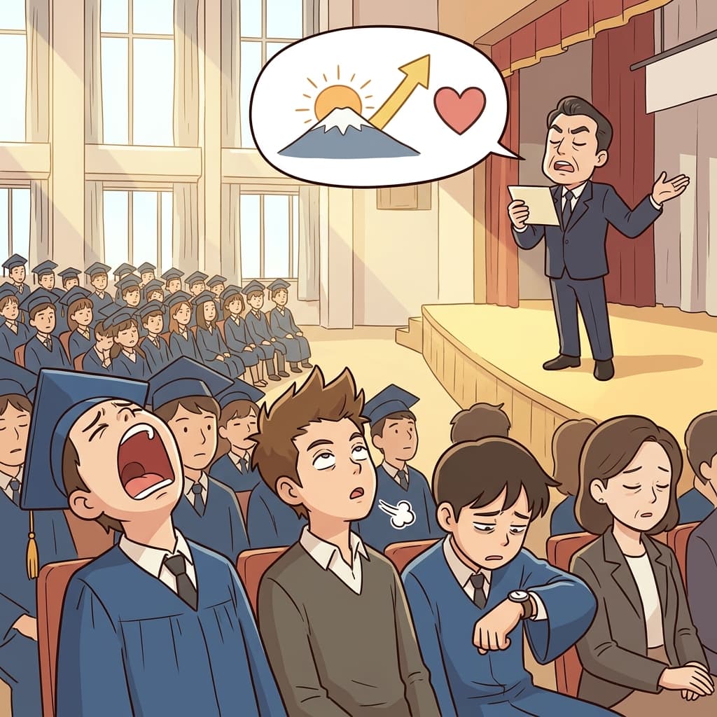 졸업식 연사가 또 뻔한 소리를 하니까 학생들이 다 하품한다.