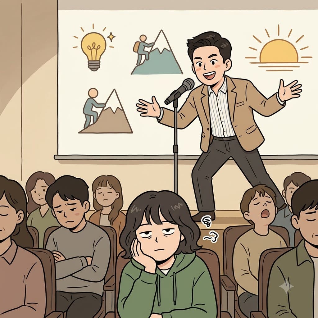 그의 연설은 의미 있어 보이지만 새로운 내용은 하나도 없는 뻔한 조언으로 가득했다(platitudinous).