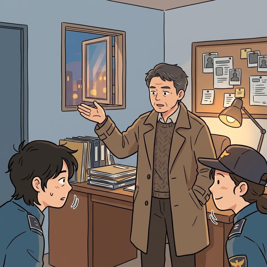 형사가 도둑이 창문으로 어떻게 빠져나갔는지 그럴듯하게 설명한다.