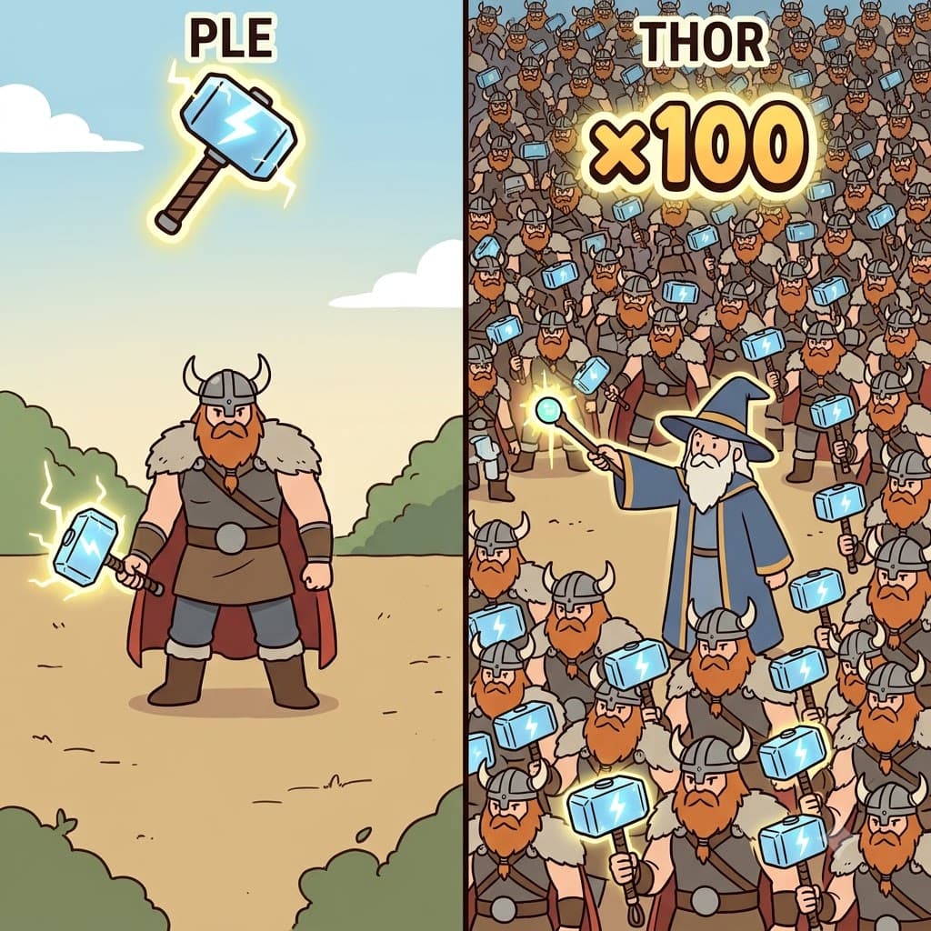 PLE(많은/plenty) + THOR(토르) — 수많은(PLE) 강력한 토르(THOR) 전사들을 소환하며, 마법사는 천둥 신들의 과다(plethora)를 쏟아냈다.